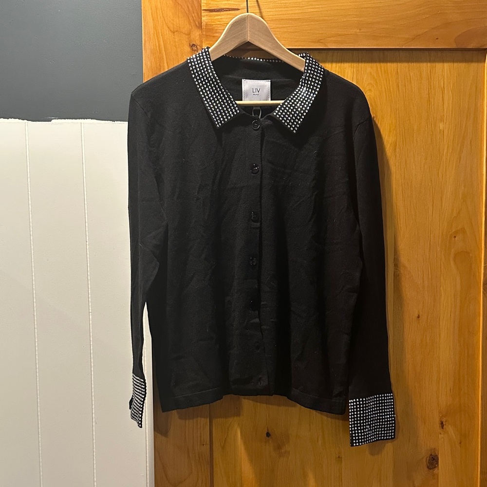 Black Cardigan with Rhinestone Collar and Cuffs
